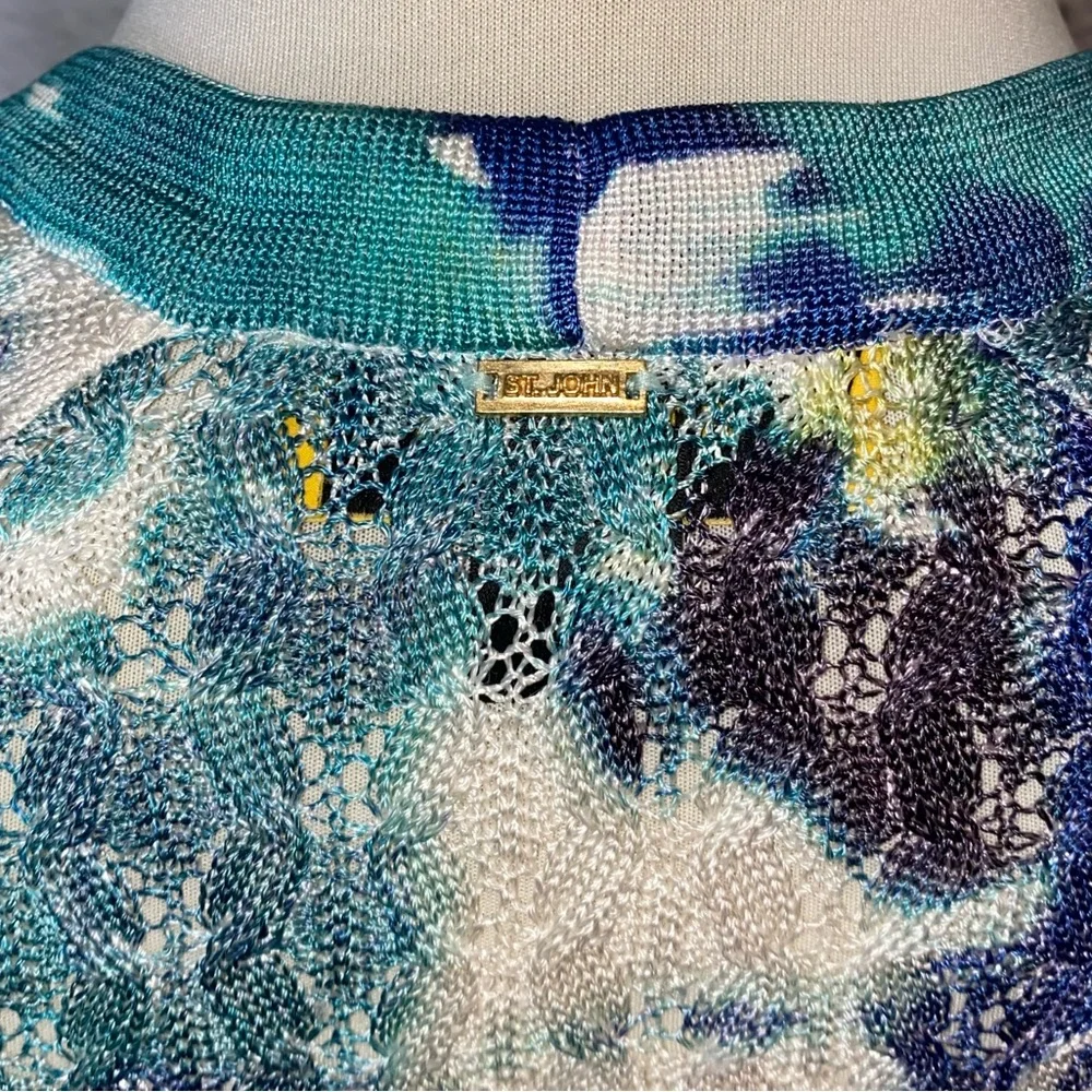 St John. Watercolor Button Up Cardigan in Blues, Yellow, Green. Size XS. - Picture 9 of 12